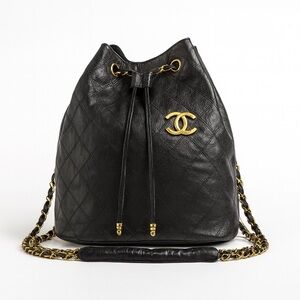 Vintage Chanel Black Lambskin Quilted CC Drawstring Bucket Bag Leather Backpack